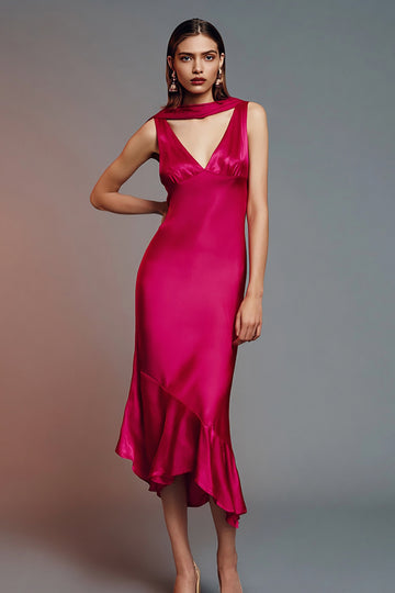 Ruffled V-Neck Sheath Fuchsia Wedding Guest Dress